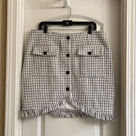 ♻️Shein Curve Black White Silver Houndstooth Frayed Fringe Midi Skirt Black 1XL - Picture 1 of 17